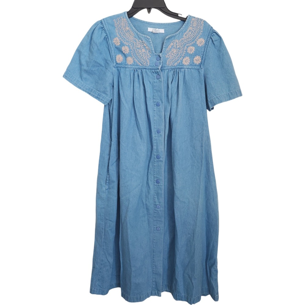 Go Softly Patio Denim House Muumuu Dress‎ Zipper Small Embroidery Short Sleeves